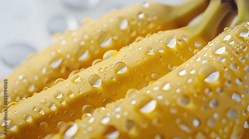Fresh bananas with water droplets, symbolizing the natural and healthy nature of banana fruits. making it ideal for promotional materials or product ads in the style of product ads. Fresh bananas with water droplets, symbolizing the natural and healthy nature of banana fruits. making it ideal for promotional materials or product ads in the style of product ads.