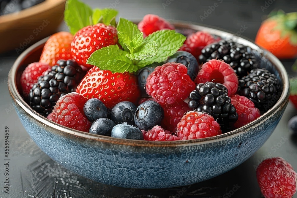 A bowl of mixed berries, including strawberries, blueberries, raspberries, and blackberries, with a sprinkle of mint leaves on top. A bowl of mixed berries, including strawberries, blueberries, raspberries, and blackberries, with a sprinkle of mint leaves on top.