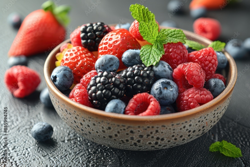 A bowl of mixed berries, including strawberries, blueberries, raspberries, and blackberries, with a sprinkle of mint leaves on top. A bowl of mixed berries, including strawberries, blueberries, raspberries, and blackberries, with a sprinkle of mint leaves on top.