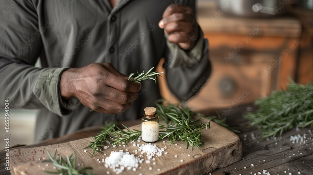 Hands of a man preparing fresh rosemary for culinary use, with coarse salt and a small vial on a rustic wooden table. Hands of a man preparing fresh rosemary for culinary use, with coarse salt and a small vial on a rustic wooden table.