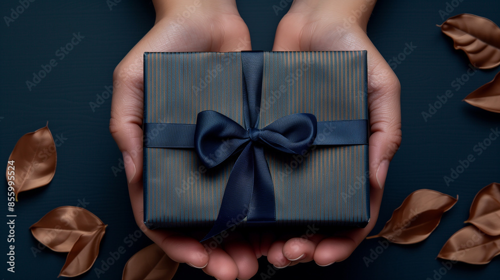Hands Presenting Luxury Dark Blue Gift Box Hands Presenting Luxury Dark Blue Gift Box