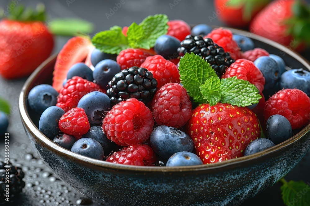 A bowl of mixed berries, including strawberries, blueberries, raspberries, and blackberries, with a sprinkle of mint leaves on top.