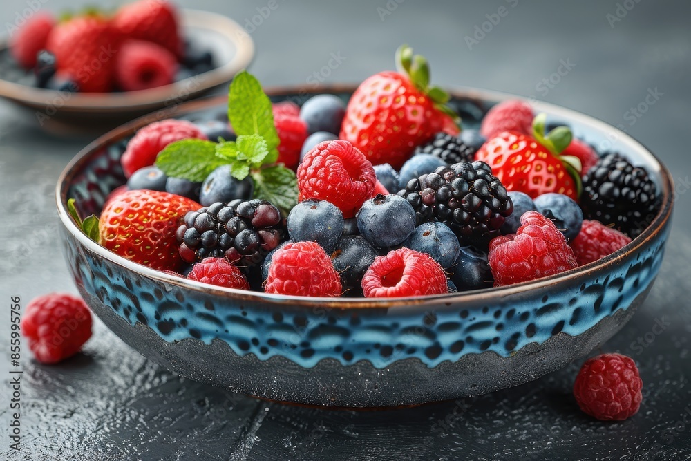 A bowl of mixed berries, including strawberries, blueberries, raspberries, and blackberries, with a sprinkle of mint leaves on top. A bowl of mixed berries, including strawberries, blueberries, raspberries, and blackberries, with a sprinkle of mint leaves on top.