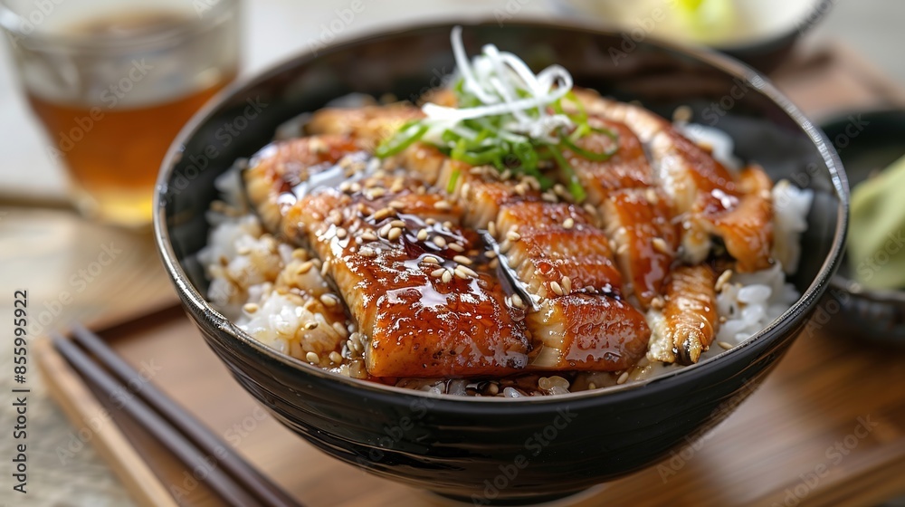 High-Angle Macro Photograph of a Bowl of Rice with Eel in Teriyaki Sauce and a Glass of Beer on a Wooden Table, Featuring Natural and White Lighting with Cinematic Textures