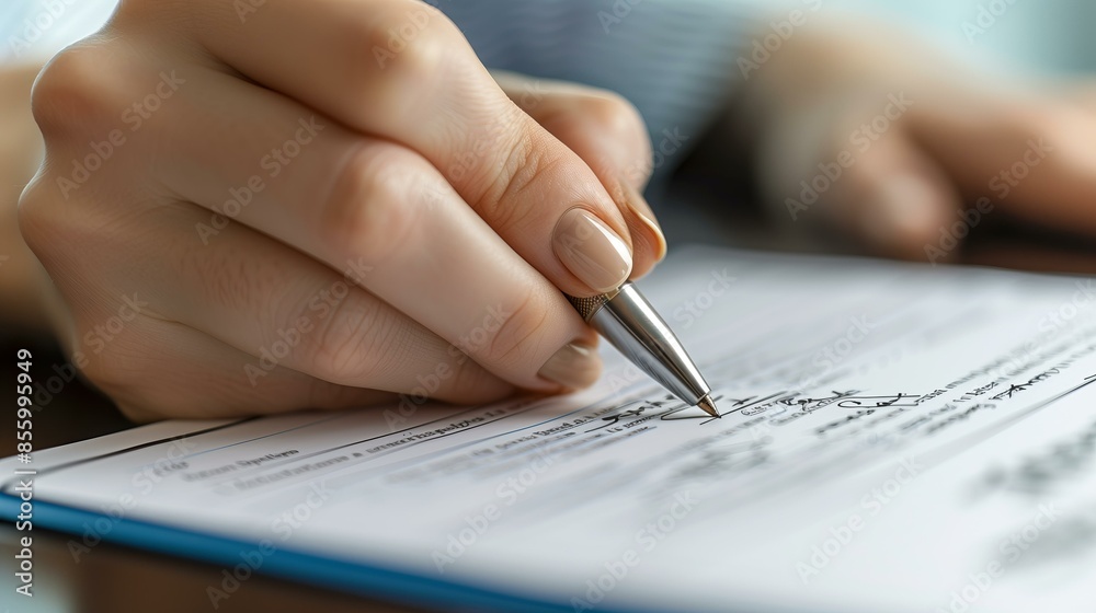 Close-up of a hand holding a pen signing a document, focusing on the act of writing. Close-up of a hand holding a pen signing a document, focusing on the act of writing.