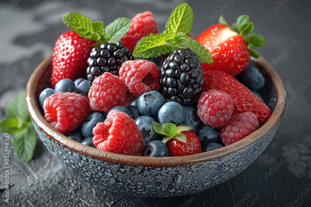 A bowl of mixed berries, including strawberries, blueberries, raspberries, and blackberries, with a sprinkle of mint leaves on top. A bowl of mixed berries, including strawberries, blueberries, raspberries, and blackberries, with a sprinkle of mint leaves on top.