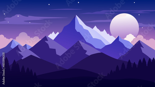 Beautiful mountain landscape, white nights, or midnight sun. Amazing polar night with mountain silhouettes