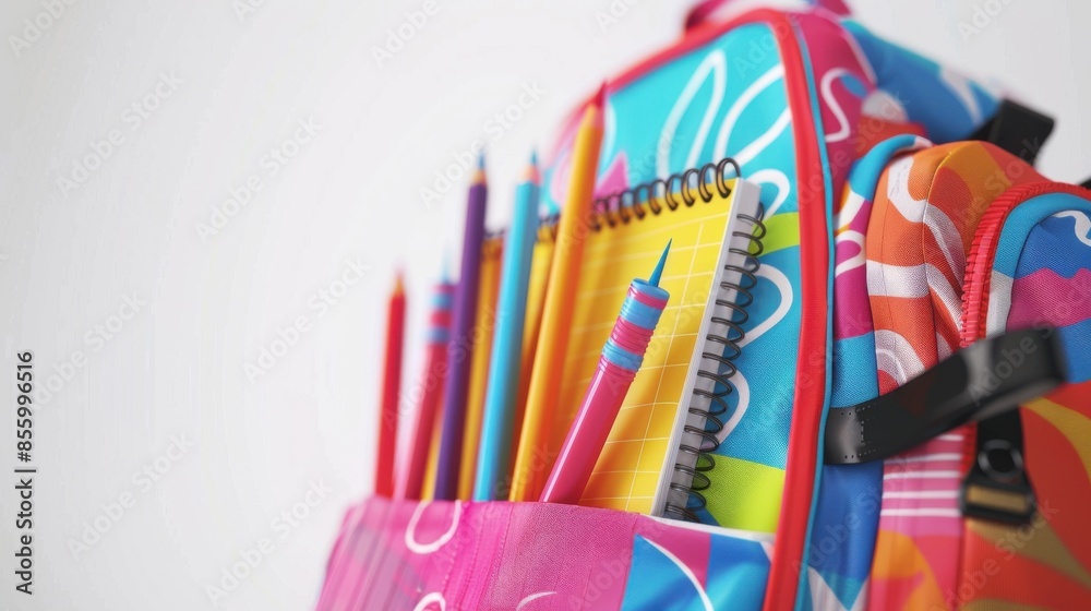 Fototapeta premium A photorealistic close-up of vibrant school supplies arranged neatly