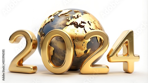 2024, New Year's date, numeral, authored by an unknown English tool, the Golden Planet Earth, isolated on white, - 3D illustration.



