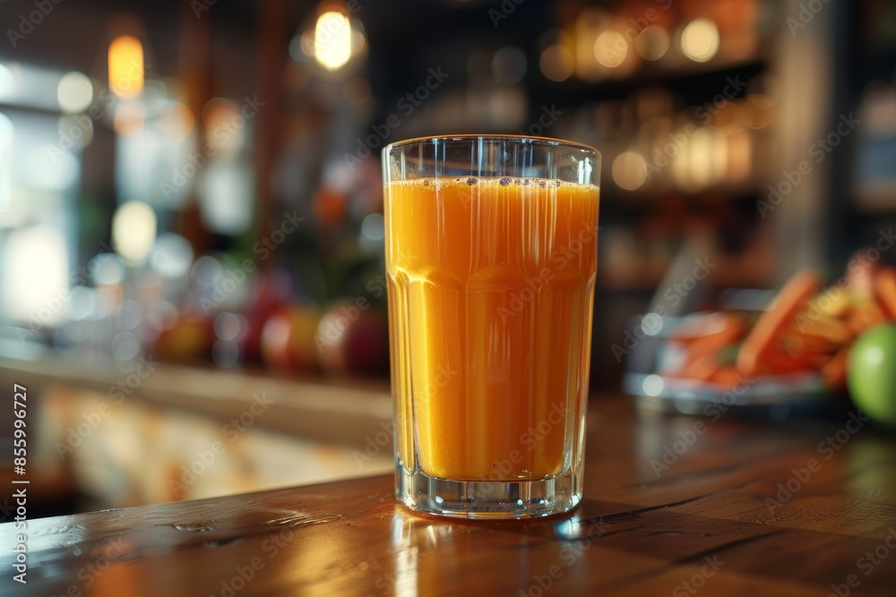 A refreshing glass of orange juice sits on a wooden counter in a cozy cafe, perfect for enjoying a fresh and healthy beverage. A refreshing glass of orange juice sits on a wooden counter in a cozy cafe, perfect for enjoying a fresh and healthy beverage.