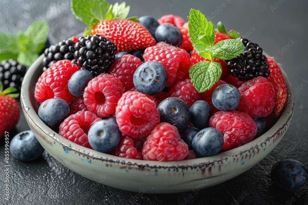 A bowl of mixed berries, including strawberries, blueberries, raspberries, and blackberries, with a sprinkle of mint leaves on top.