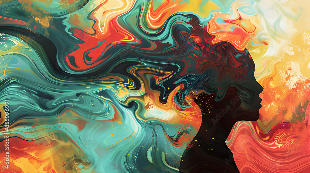An abstract illustration of a person's silhouette filled with swirling colors representing thoughts and emotions, illustration.
An abstract illustration of a person's silhouette filled with swirling colors representing thoughts and emotions, illustration.