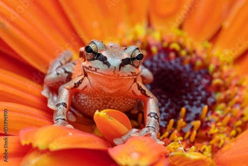 An Amazon milk frog sitting on an orange gerbera daisy in the rian photo