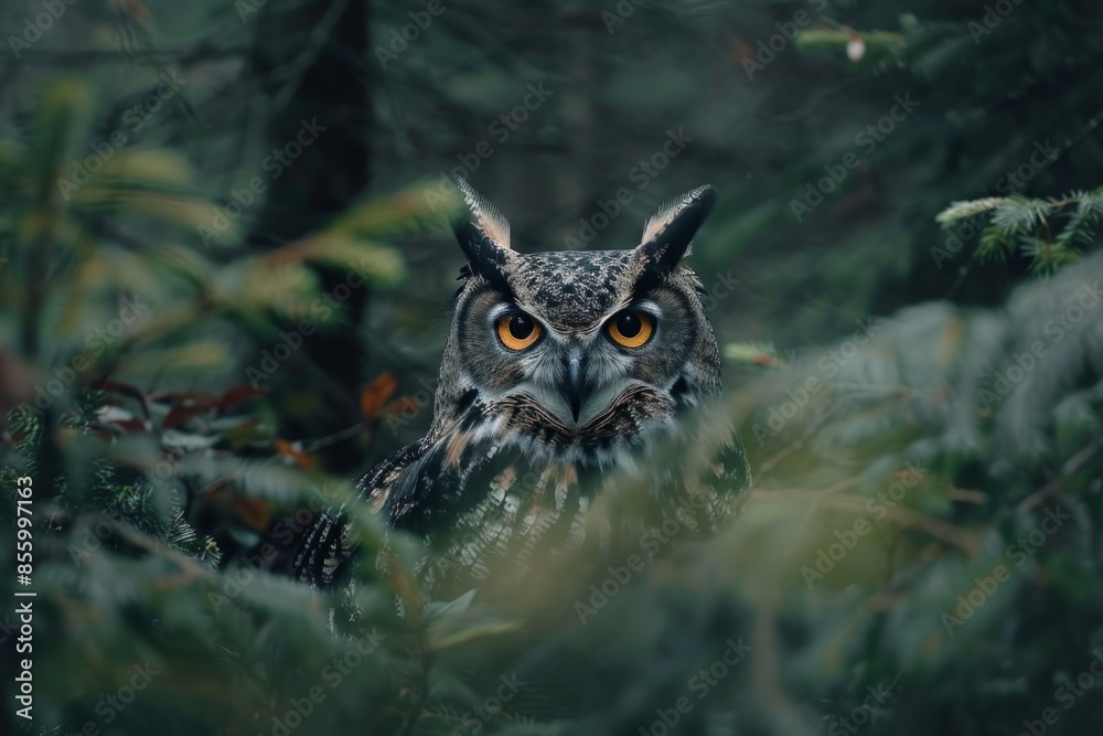 An eagle owl deep in the forest looking at the camera An eagle owl deep in the forest looking at the camera