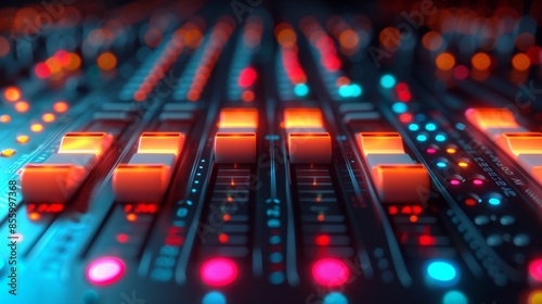 Close-up of a colorful, illuminated audio mixing console, highlighting various faders and control knobs in a dark studio environment.