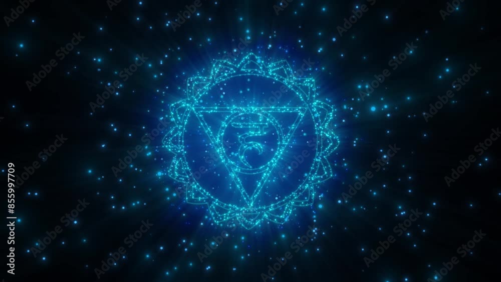 cyclic 3D rendering. Vishudha chakra in esotericism. the glowing particles scatter in different directions