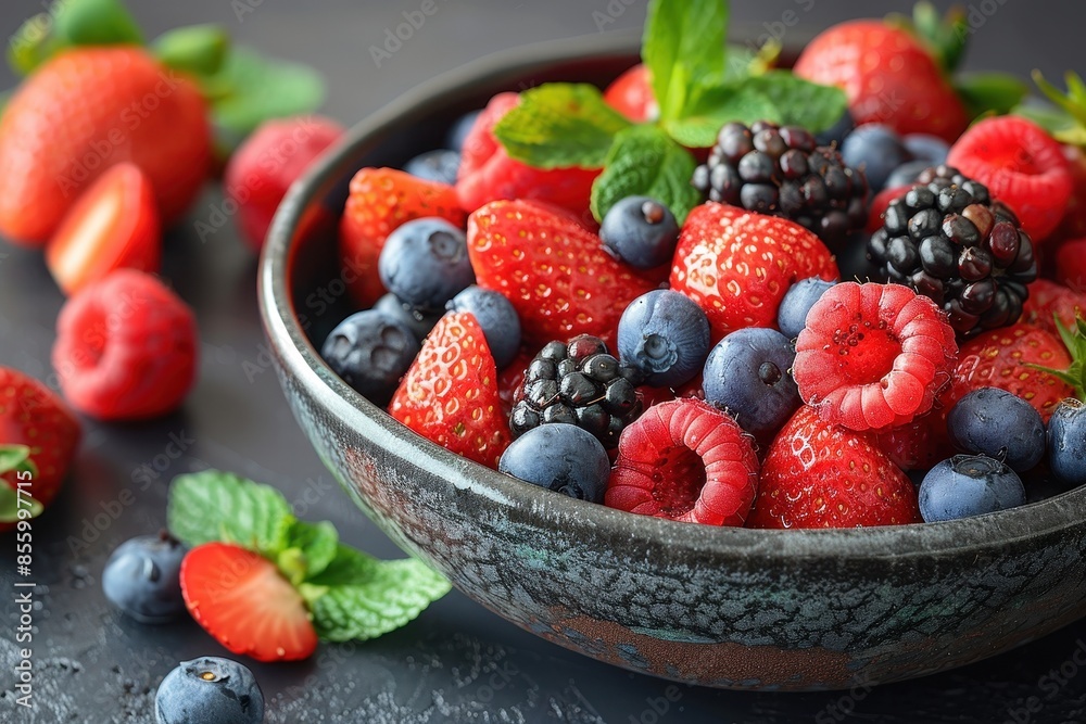 A bowl of mixed berries, including strawberries, blueberries, raspberries, and blackberries, with a sprinkle of mint leaves on top.