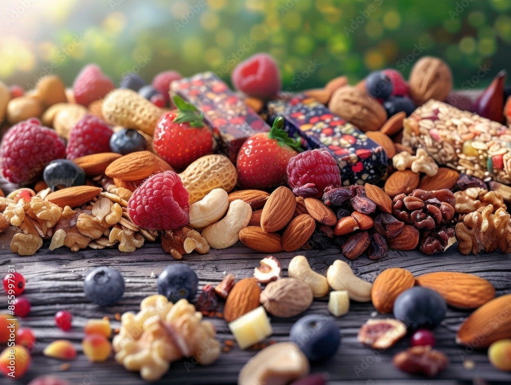 Close-up worms-eye view of an array of healthy snacks on a picnic table Close-up worms-eye view of an array of healthy snacks on a picnic table
