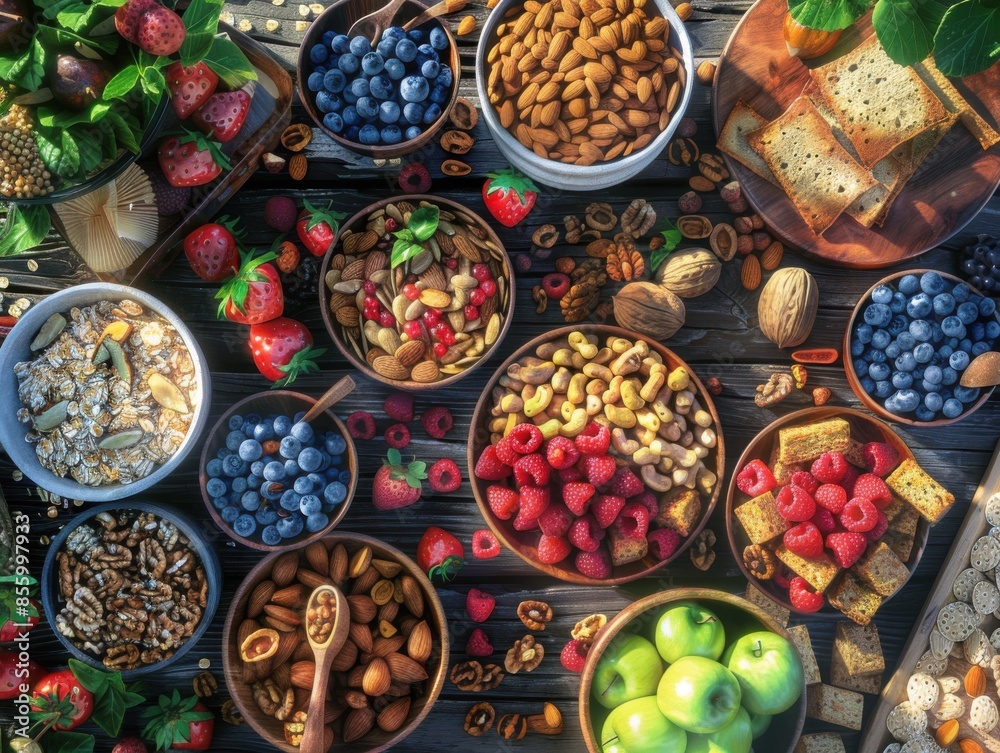 Close-up worms-eye view of an array of healthy snacks on a picnic table Close-up worms-eye view of an array of healthy snacks on a picnic table