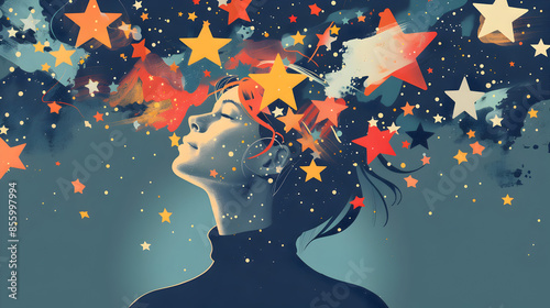 A person surrounded by a constellation of stars, with each star representing a different aspect of intelligence and emotional wisdom, illustration.