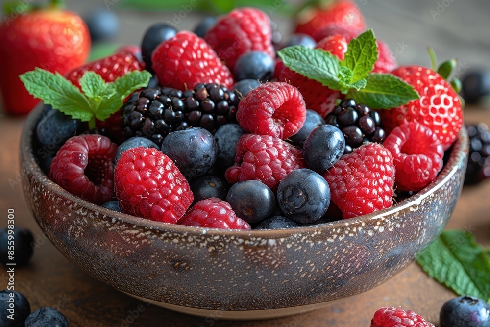 A bowl of mixed berries, including strawberries, blueberries, raspberries, and blackberries, with a sprinkle of mint leaves on top. A bowl of mixed berries, including strawberries, blueberries, raspberries, and blackberries, with a sprinkle of mint leaves on top.