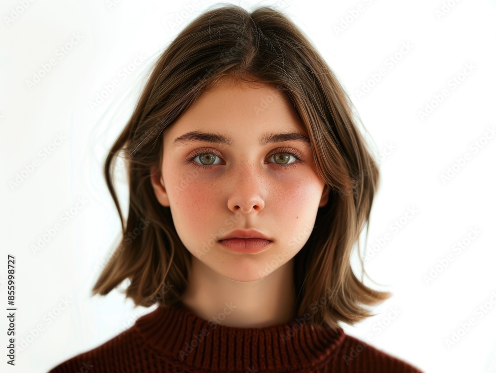 Serene Young Woman with Piercing Green Eyes and Short Brown Hair Serene Young Woman with Piercing Green Eyes and Short Brown Hair