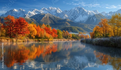 A peaceful riverbank with colorful autumn trees reflecting in the calm water, and a backdrop of majestic mountains dusted with early snow