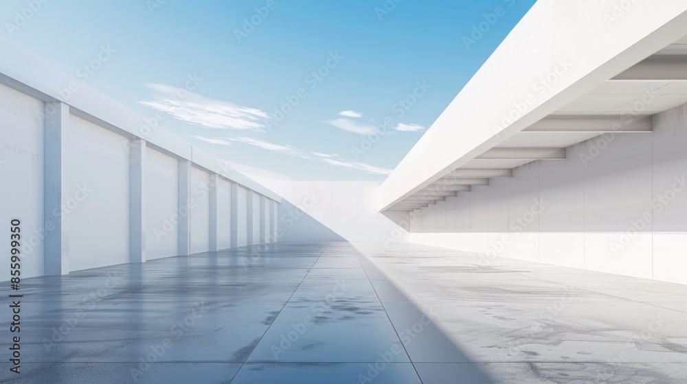 White Building. Abstract Design Concept with Empty Concrete Floor and Blue Sky Background White Building. Abstract Design Concept with Empty Concrete Floor and Blue Sky Background