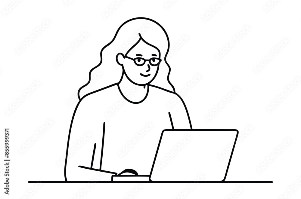 Woman using laptop computer, Vector drawing of woman with laptop continuous line art Woman using laptop computer, Vector drawing of woman with laptop continuous line art