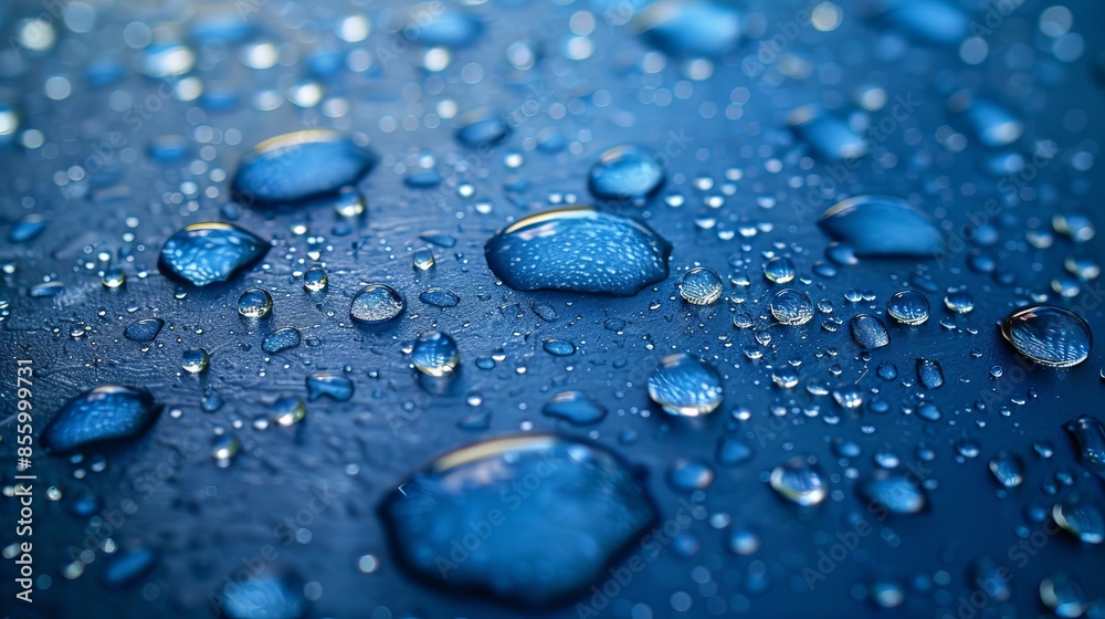 Water drops on a blue background, close-up, surface texture after rain, concept: cold drinks, condensation