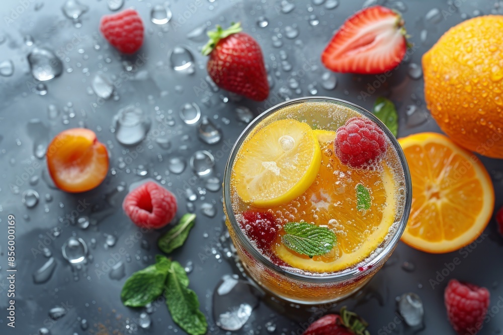 Refreshing citrus and berry cocktail with mint leaves on a wet surface, surrounded by fresh strawberries, raspberries, and orange slices.