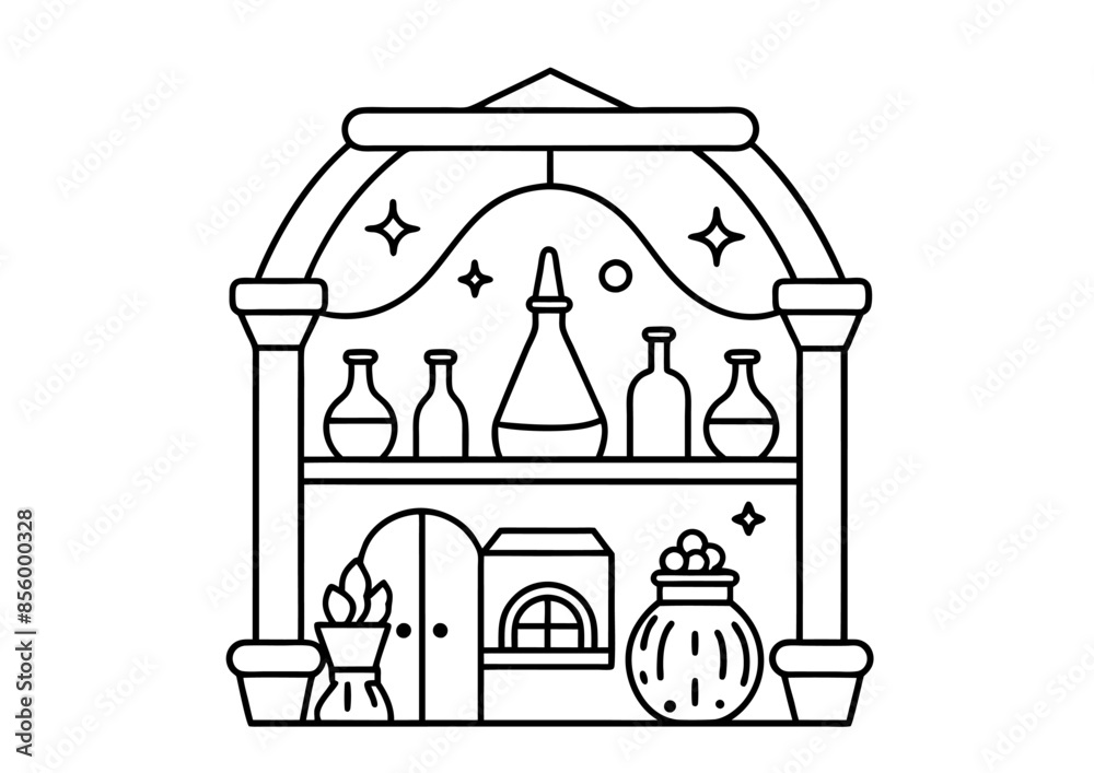 illustration of a bottle of potion and a glass in black and white theme illustration of a bottle of potion and a glass in black and white theme