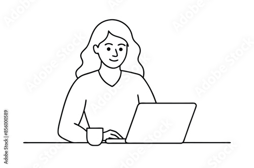 Woman using laptop computer, Vector drawing of woman with laptop continuous line art