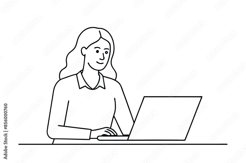 Woman using laptop computer, Vector drawing of woman with laptop continuous line art Woman using laptop computer, Vector drawing of woman with laptop continuous line art