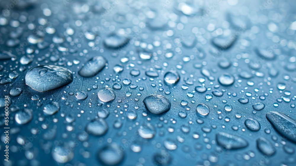 Water drops on a blue background, close-up, surface texture after rain, concept: cold drinks, condensation Water drops on a blue background, close-up, surface texture after rain, concept: cold drinks, condensation
