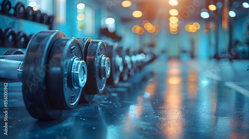 A gym with dumbbells and weights on the rack, blurred background, light blue color theme, bright daylight. photo
