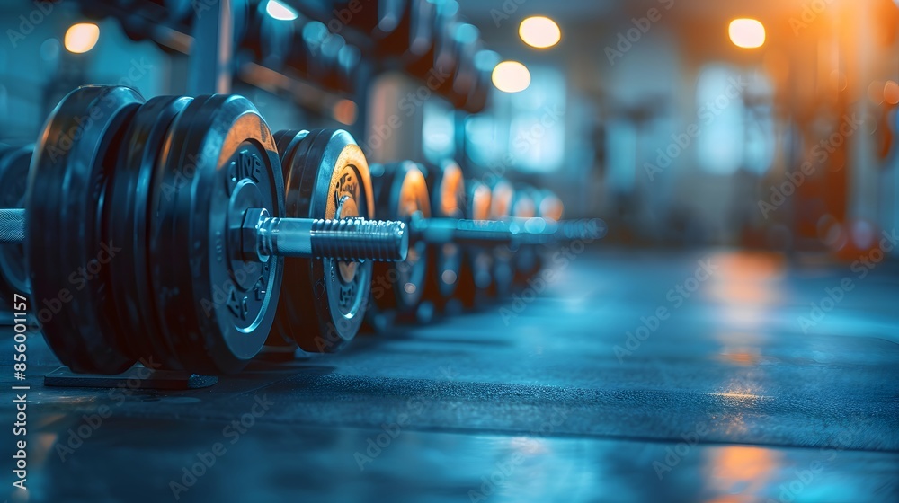 A gym with dumbbells and weights on the rack, blurred background, light blue color theme, bright daylight. A gym with dumbbells and weights on the rack, blurred background, light blue color theme, bright daylight.