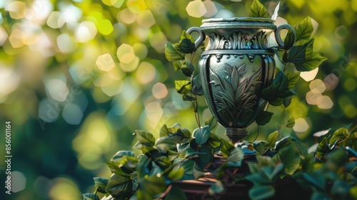 Worms-eye view of a majestic school trophy on a pedestal