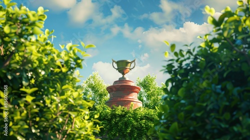 Worms-eye view of a majestic school trophy on a pedestal