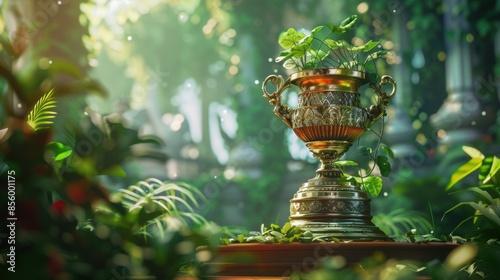 Worms-eye view of a majestic school trophy on a pedestal