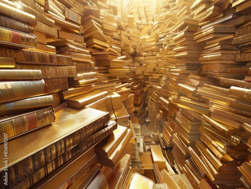 Worms-eye view of a towering stack of golden books symbolizing academic success