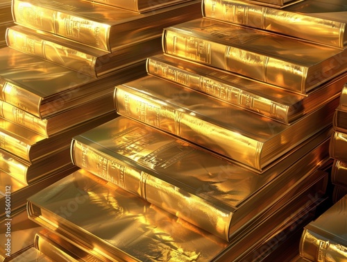 Worms-eye view of a towering stack of golden books symbolizing academic success