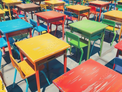 Worms-eye view of colorful school desks and chairs