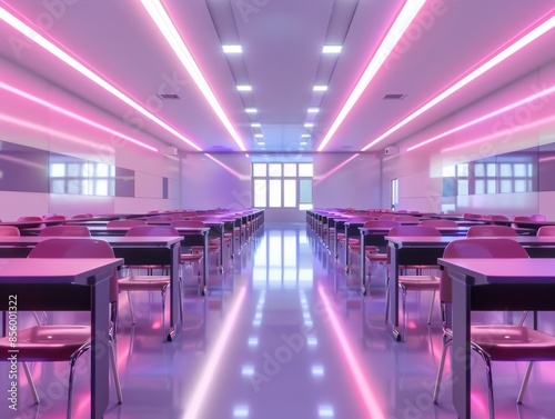 Worms-eye view of modern school desks and chairs