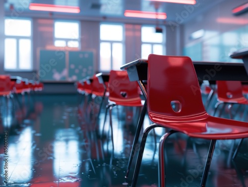 Worms-eye view of modern school desks and chairs