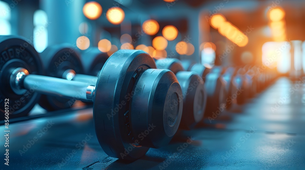 A gym with dumbbells and weights on the rack, blurred background, light blue color theme, bright daylight. A gym with dumbbells and weights on the rack, blurred background, light blue color theme, bright daylight.