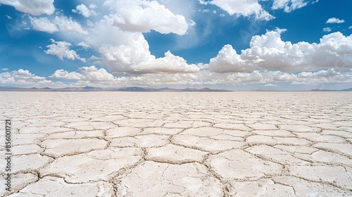 A vast, unexplored salt flat stretching into the distance, its surface cracked and rippled into strange, otherworldly patterns