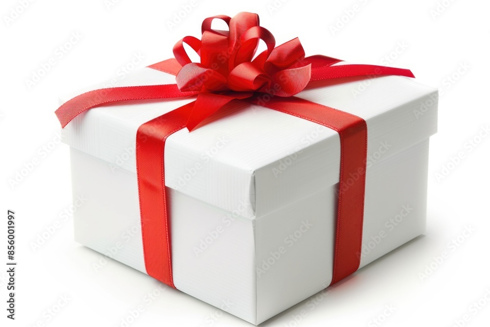 White Gift Box with Red Ribbon Bow Isolated on White Background for Christmas or Birthday Celebration White Gift Box with Red Ribbon Bow Isolated on White Background for Christmas or Birthday Celebration