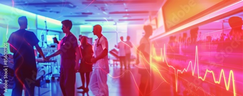 Close-up of a heart rate monitor, hospital room background with doctors and nurses attending a patient, vibrant colors, high resolution, digital art