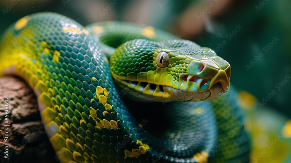 Fototapeta premium Vibrant Green Snake on a Branch, Generative AI
